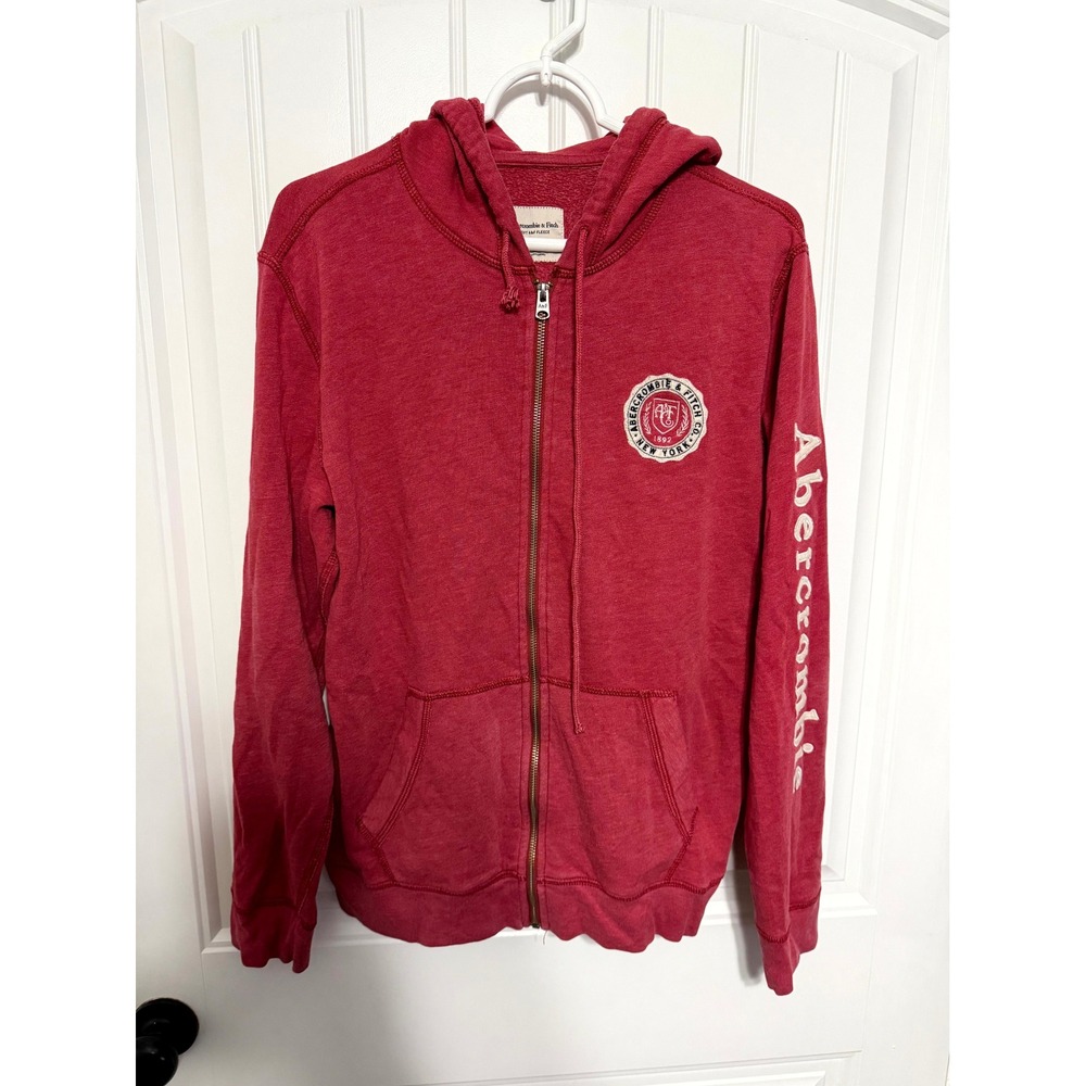 Abercrombie & Fitch Zip Hoodie Mens Medium Red Logo Embroidered Fleece 6343